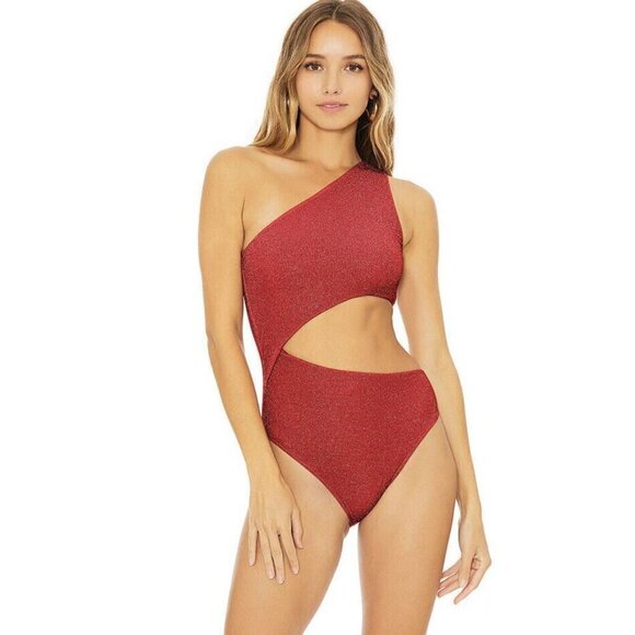 Beach Riot One Piece Swimsuit One Shoulder Side Celine Ribbed Wine Color XS (D1 - Picture 3 of 12